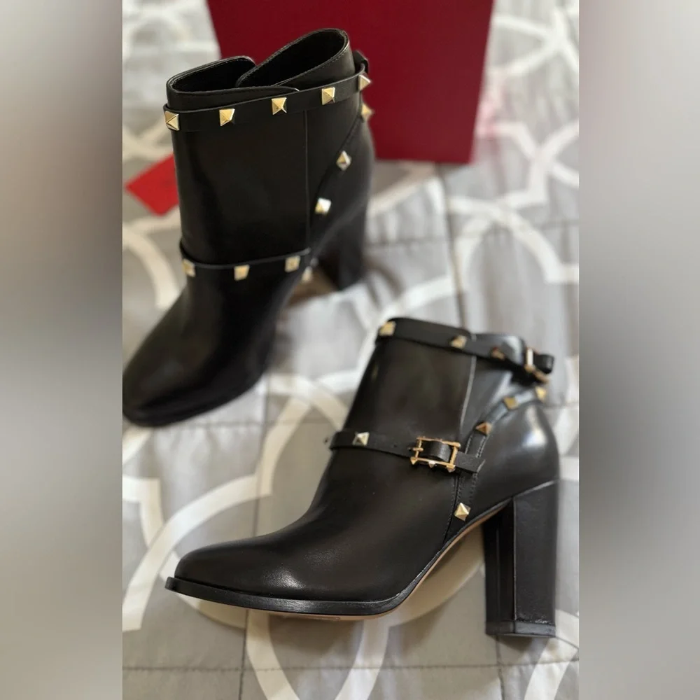 Valentino Black Ankle Boots with Gold RockStuds - Picture 2 of 7